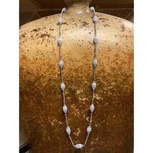 Whitney Kelly Necklace Sterling Silver & Carved Blue Lace Agate 32 Inches